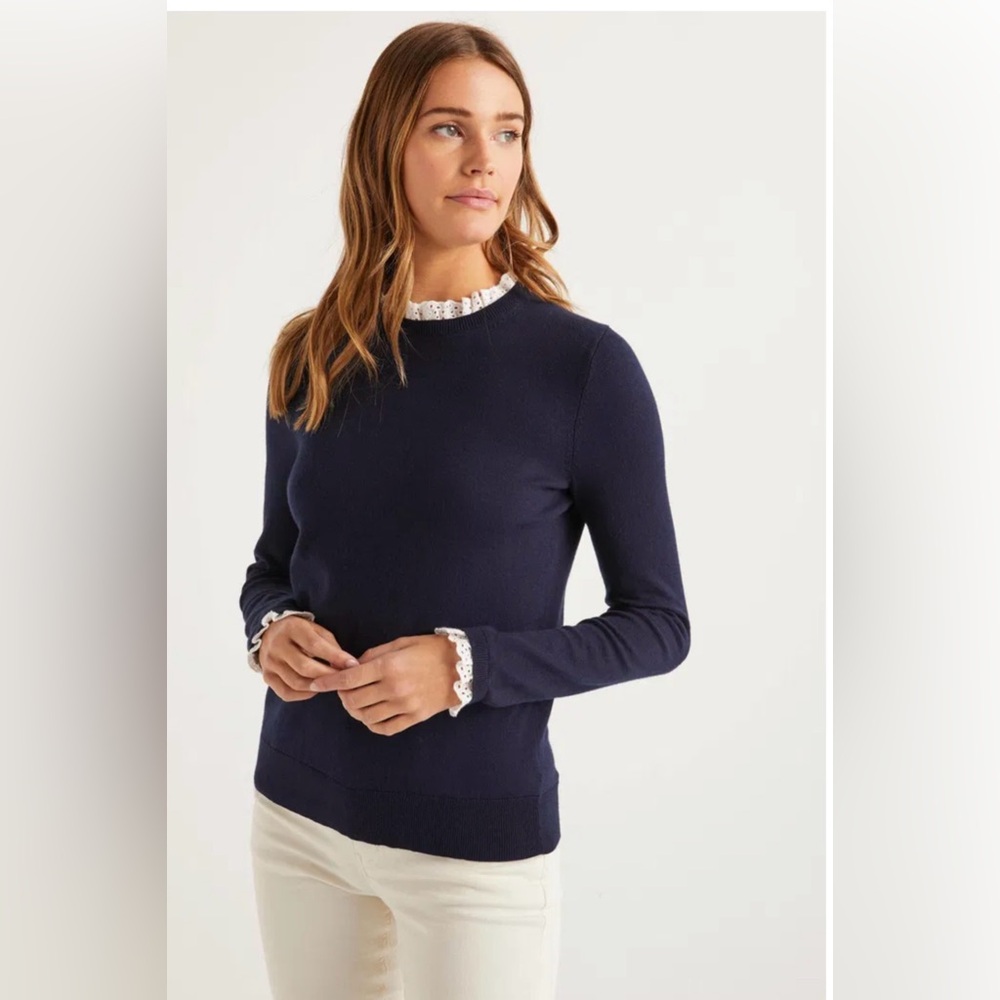 Boden Navy Crewneck Sweater with White Lace Trim